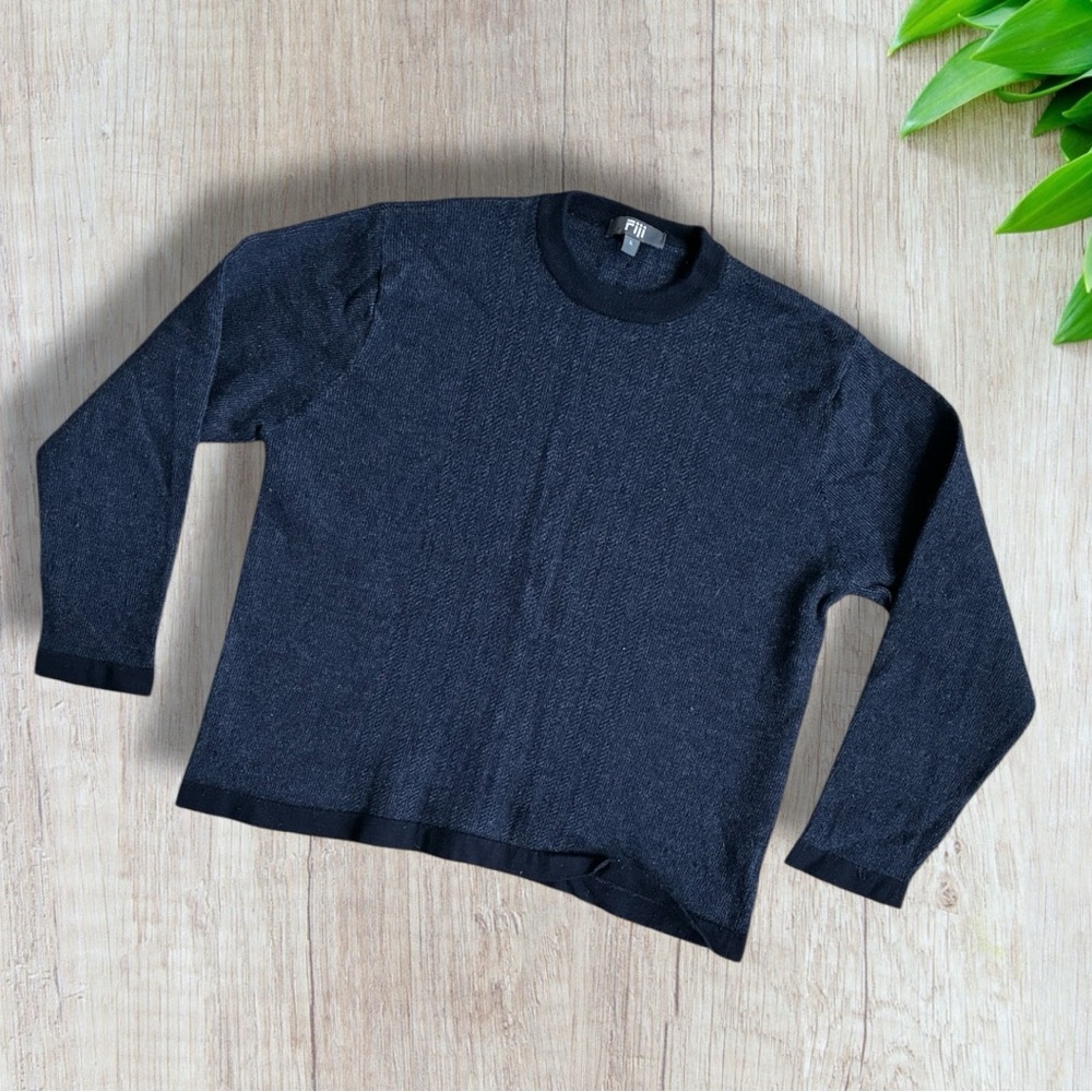 Fiji Men’s Navy Blue Merino Wool Pullover Sweater Herringbone Pattern Size XL